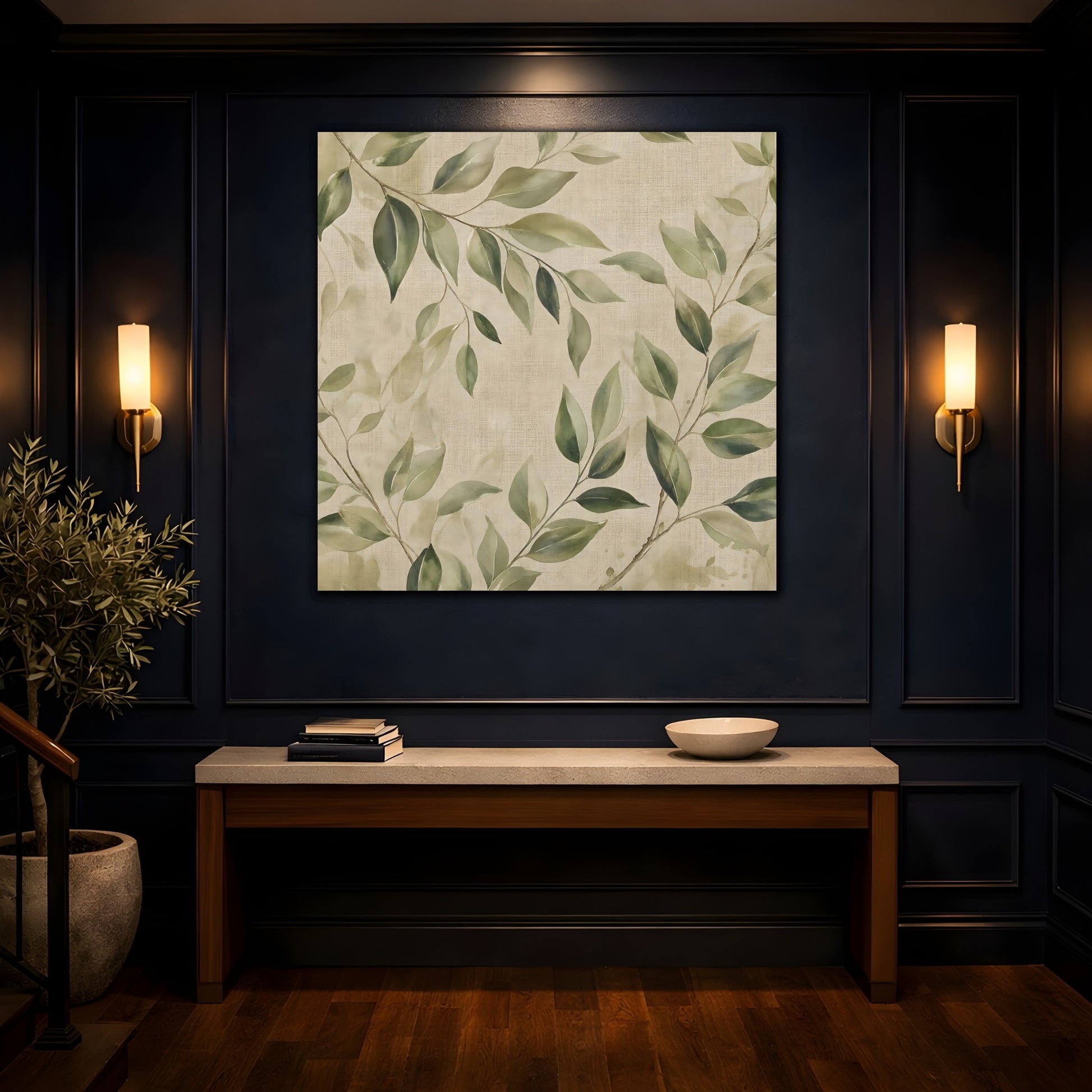 Mockup 4. Nature Green Leaves Green And Beige shown as stretched canvas wall art
