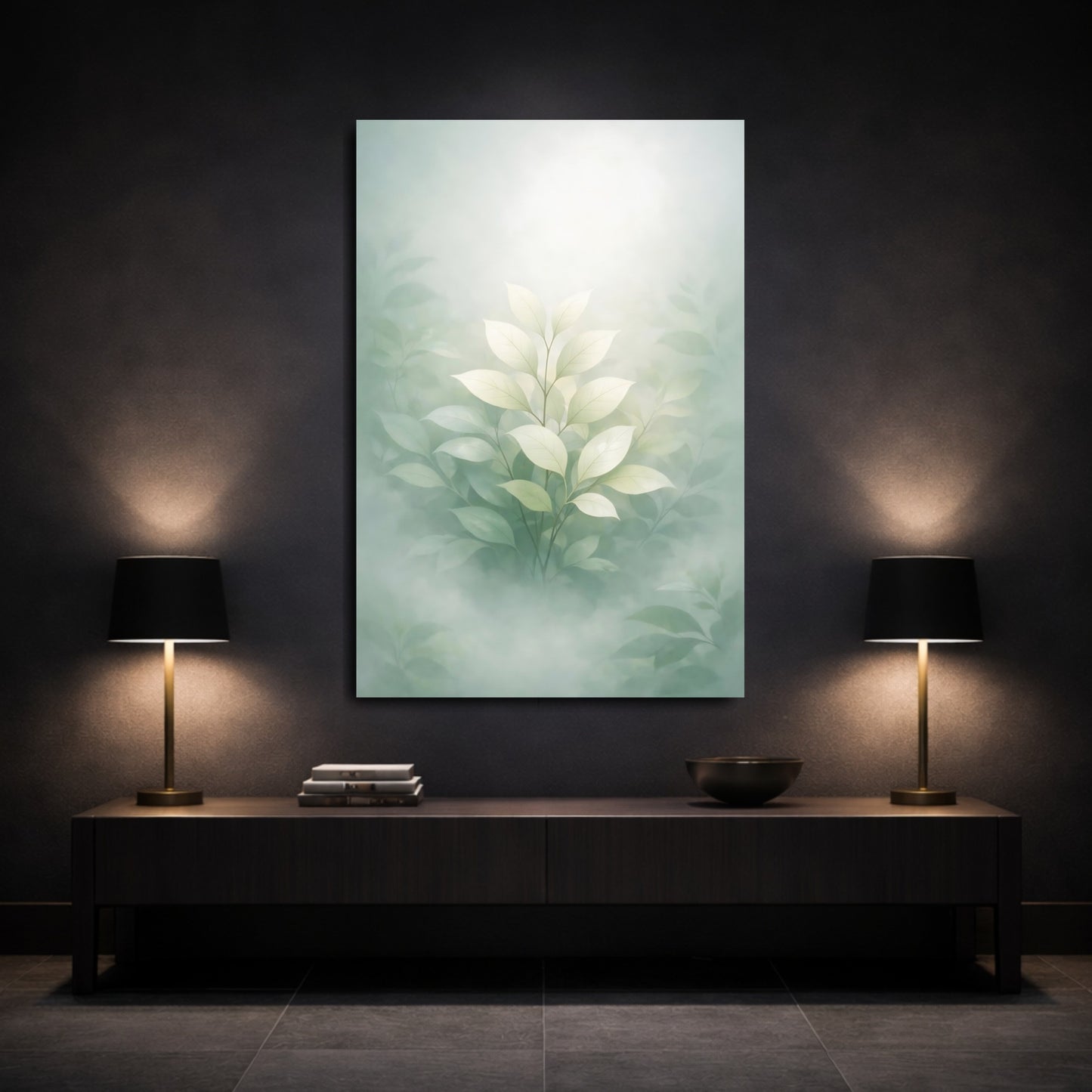 Mockup 2. Nature Green Leaves Misty Green Leaves shown as stretched canvas wall art