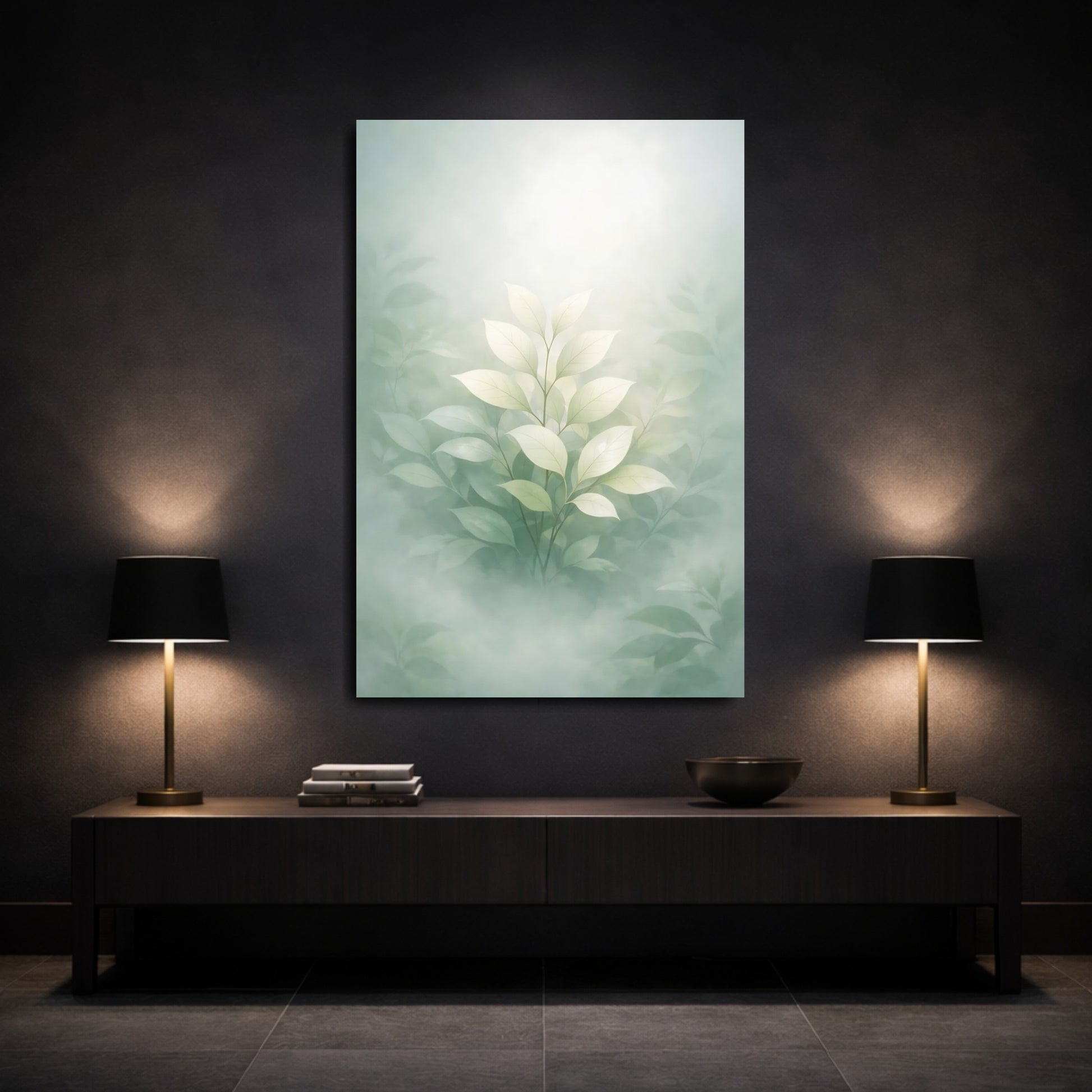 Mockup 2. Nature Green Leaves Misty Green Leaves shown as stretched canvas wall art