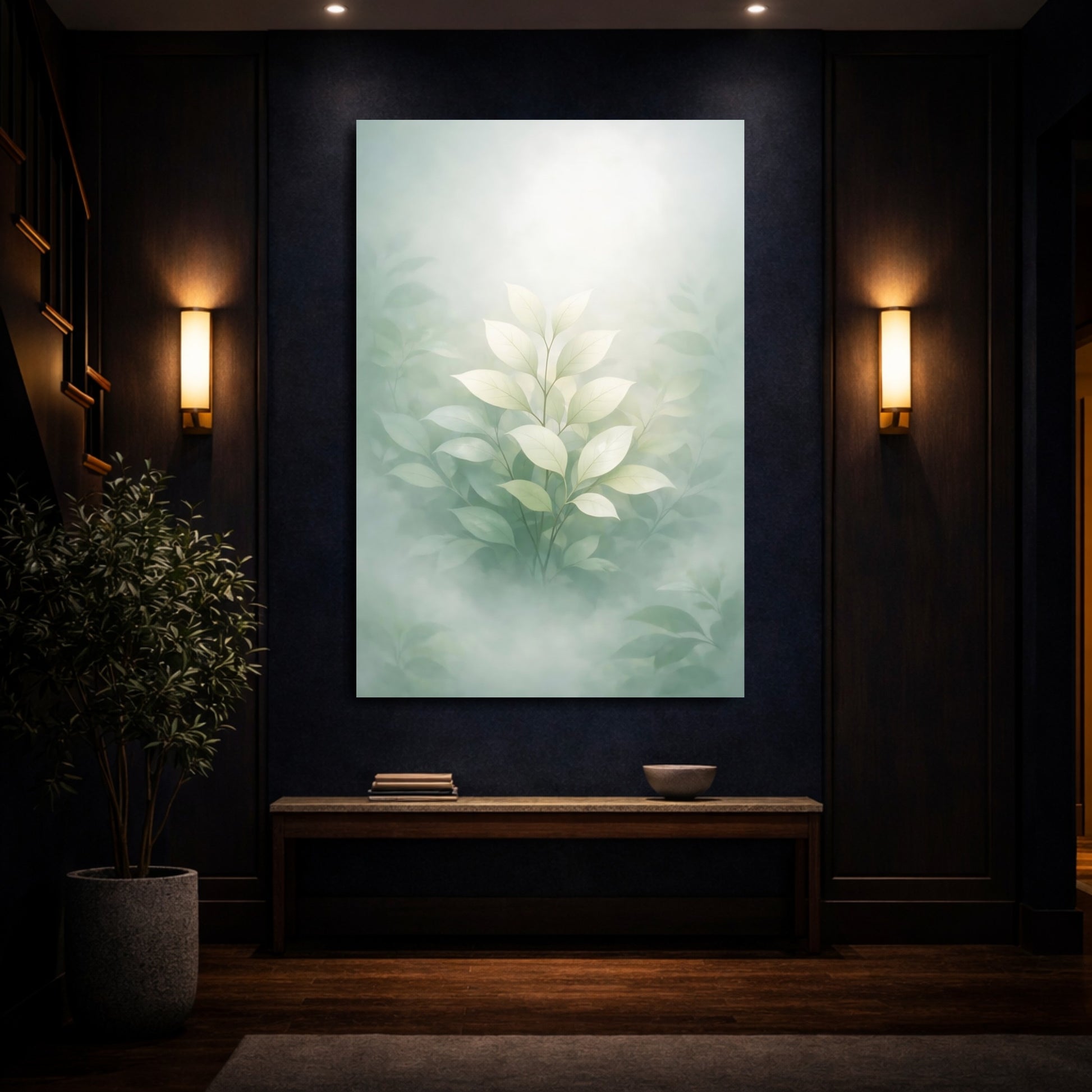 Mockup 3. Nature Green Leaves Misty Green Leaves shown as stretched canvas wall art