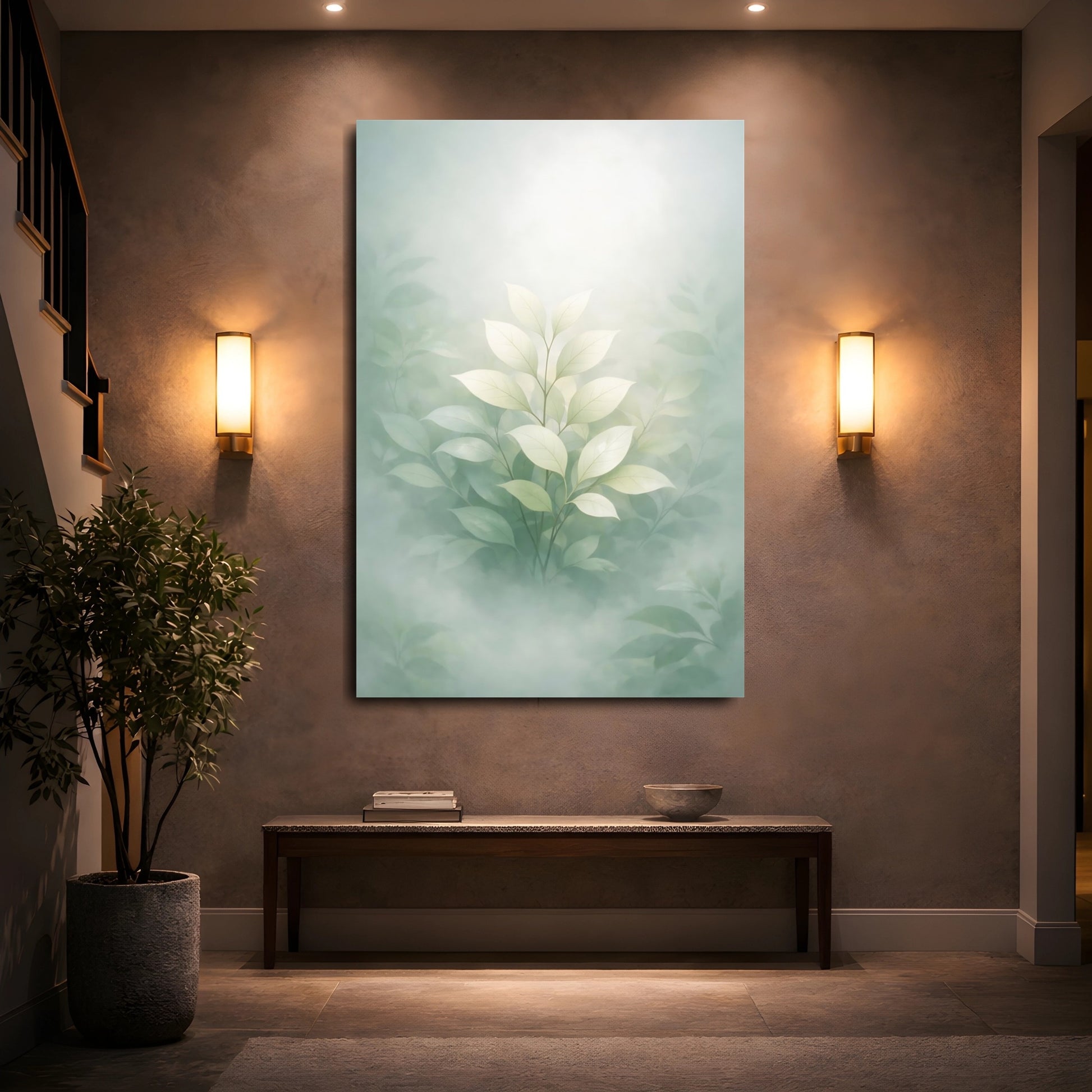 Mockup 4. Nature Green Leaves Misty Green Leaves shown as stretched canvas wall art