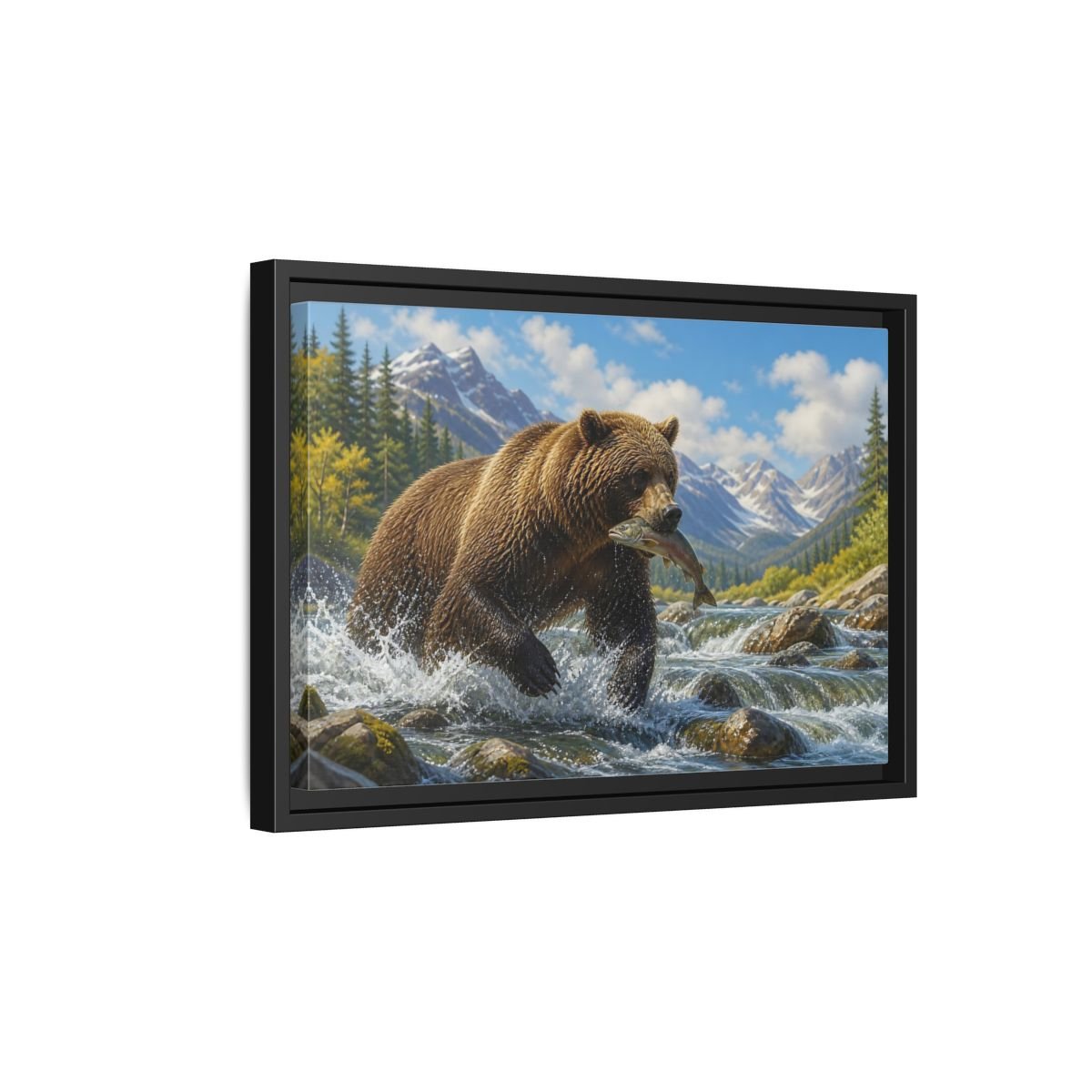 Nature Grizzly Bear Fishing Framed Canvas Print – Realistic Decor for Living Room, Above Console Table - YesArtYes