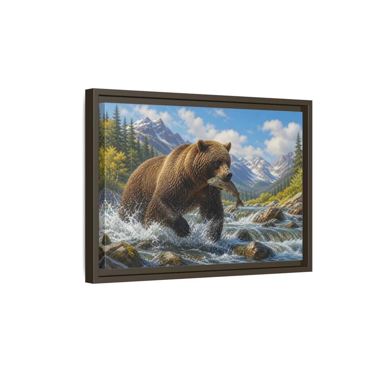 Nature Grizzly Bear Fishing Framed Canvas Print – Realistic Decor for Living Room, Above Console Table - YesArtYes