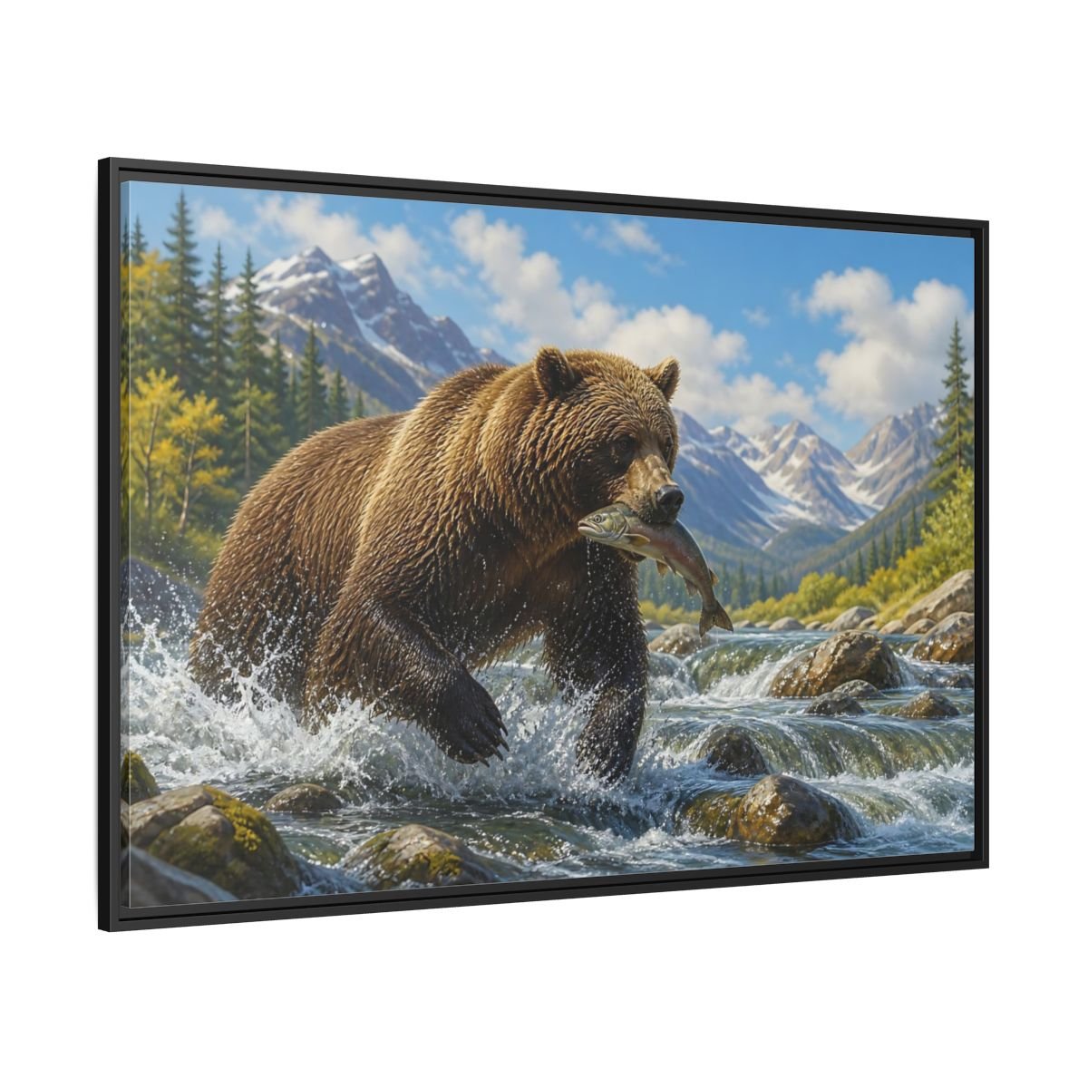 Nature Grizzly Bear Fishing Framed Canvas Print – Realistic Decor for Living Room, Above Console Table - YesArtYes