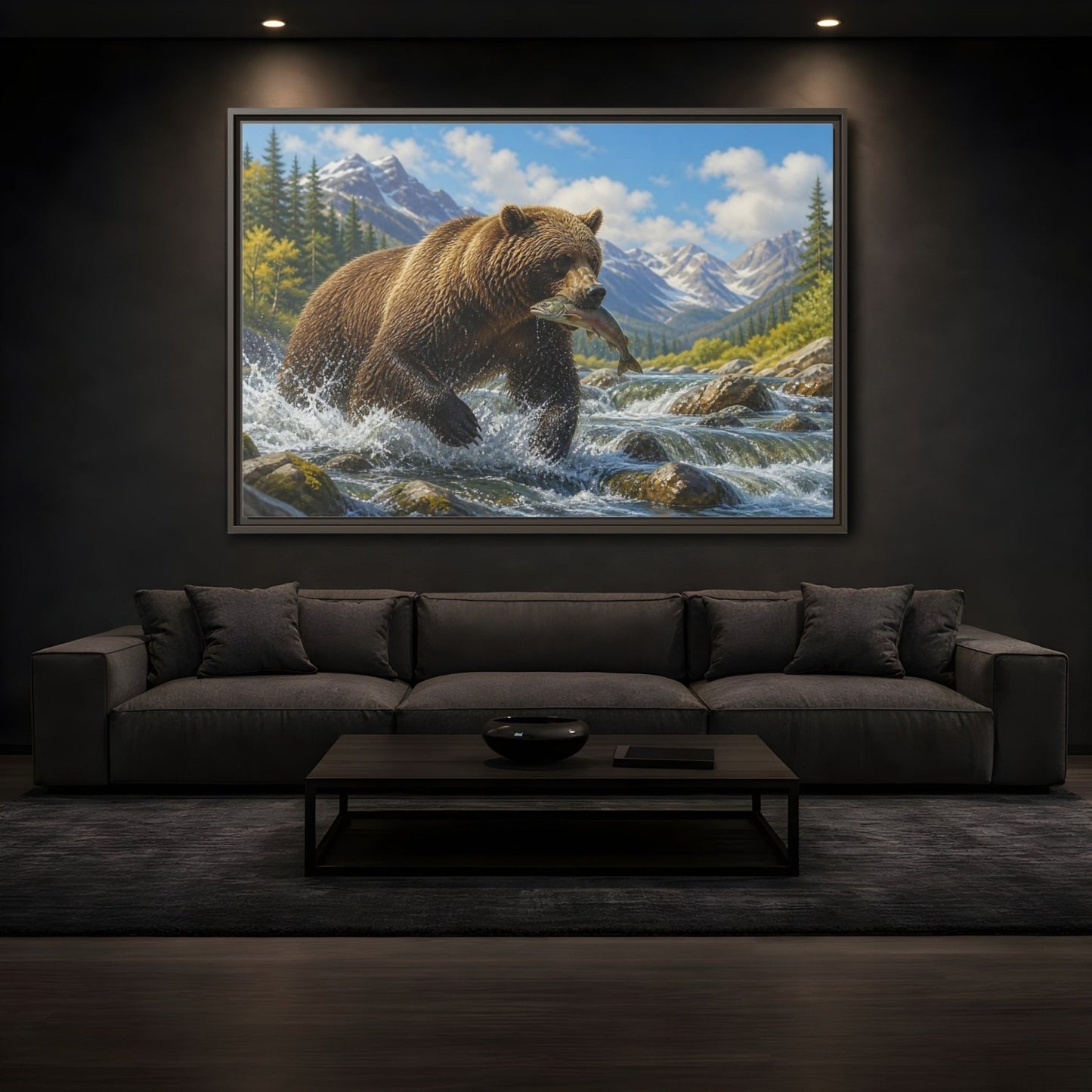 Nature Grizzly Bear Fishing Framed Canvas Print – Realistic Decor for Living Room, Above Console Table - YesArtYes
