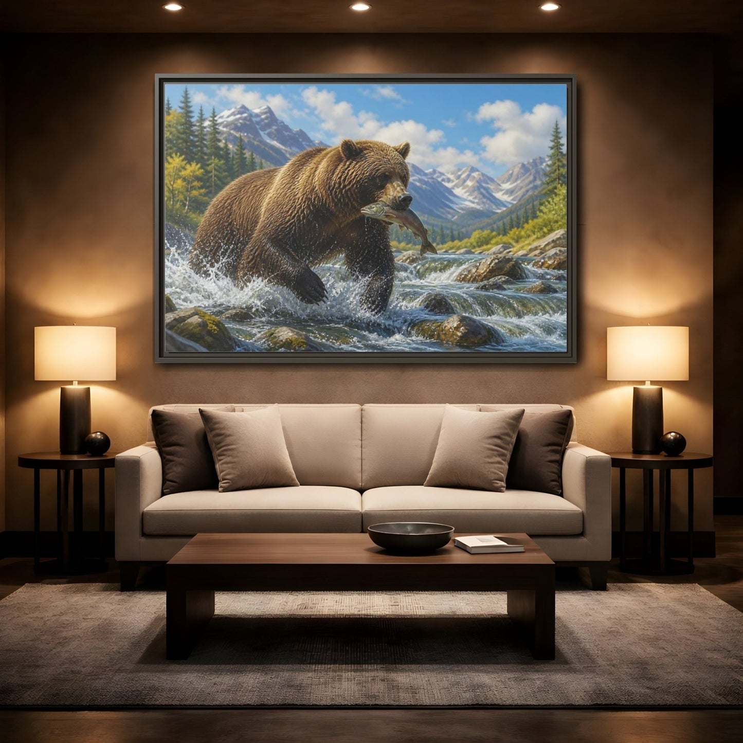 Nature Grizzly Bear Fishing Framed Canvas Print – Realistic Decor for Living Room, Above Console Table - YesArtYes