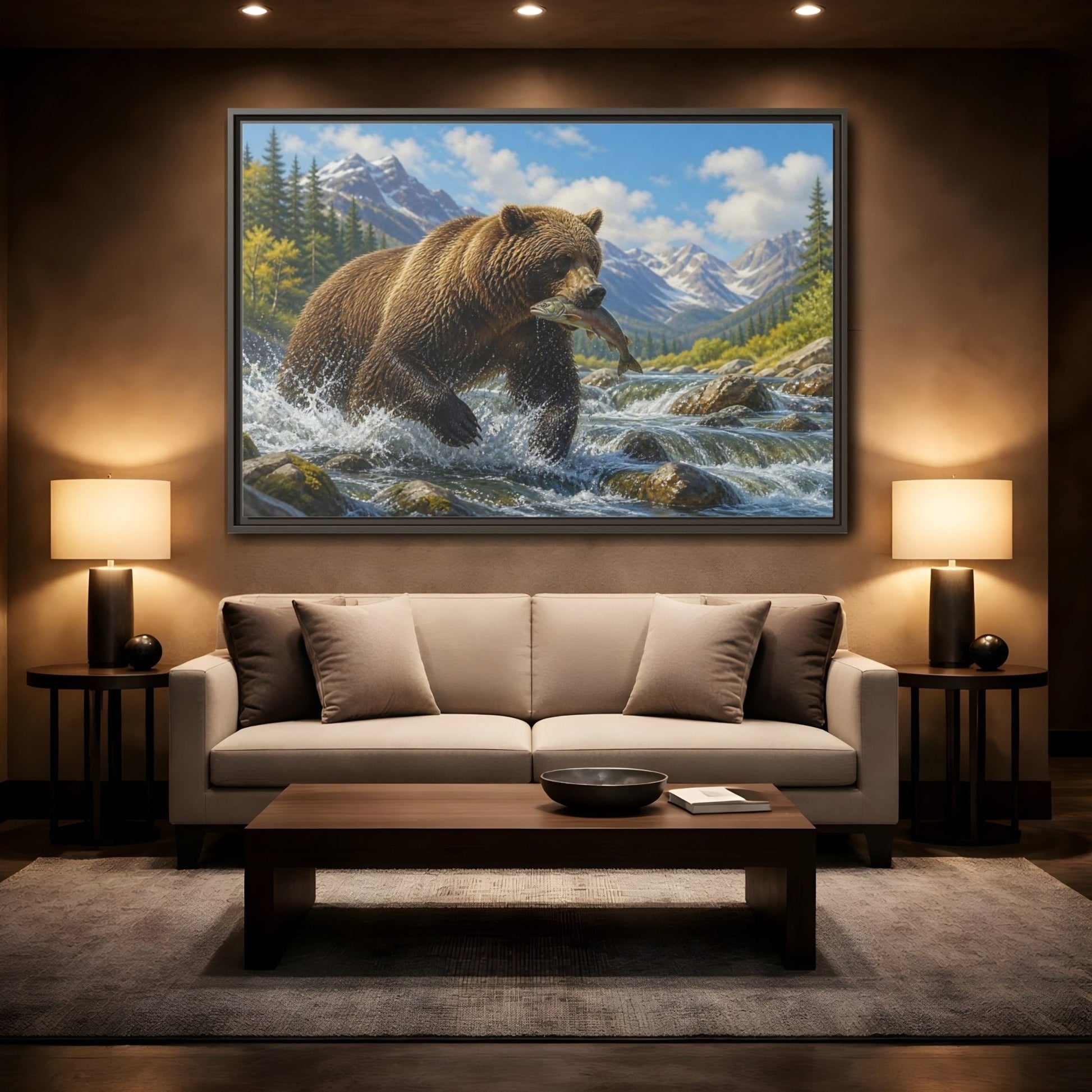 Nature Grizzly Bear Fishing Framed Canvas Print – Realistic Decor for Living Room, Above Console Table - YesArtYes