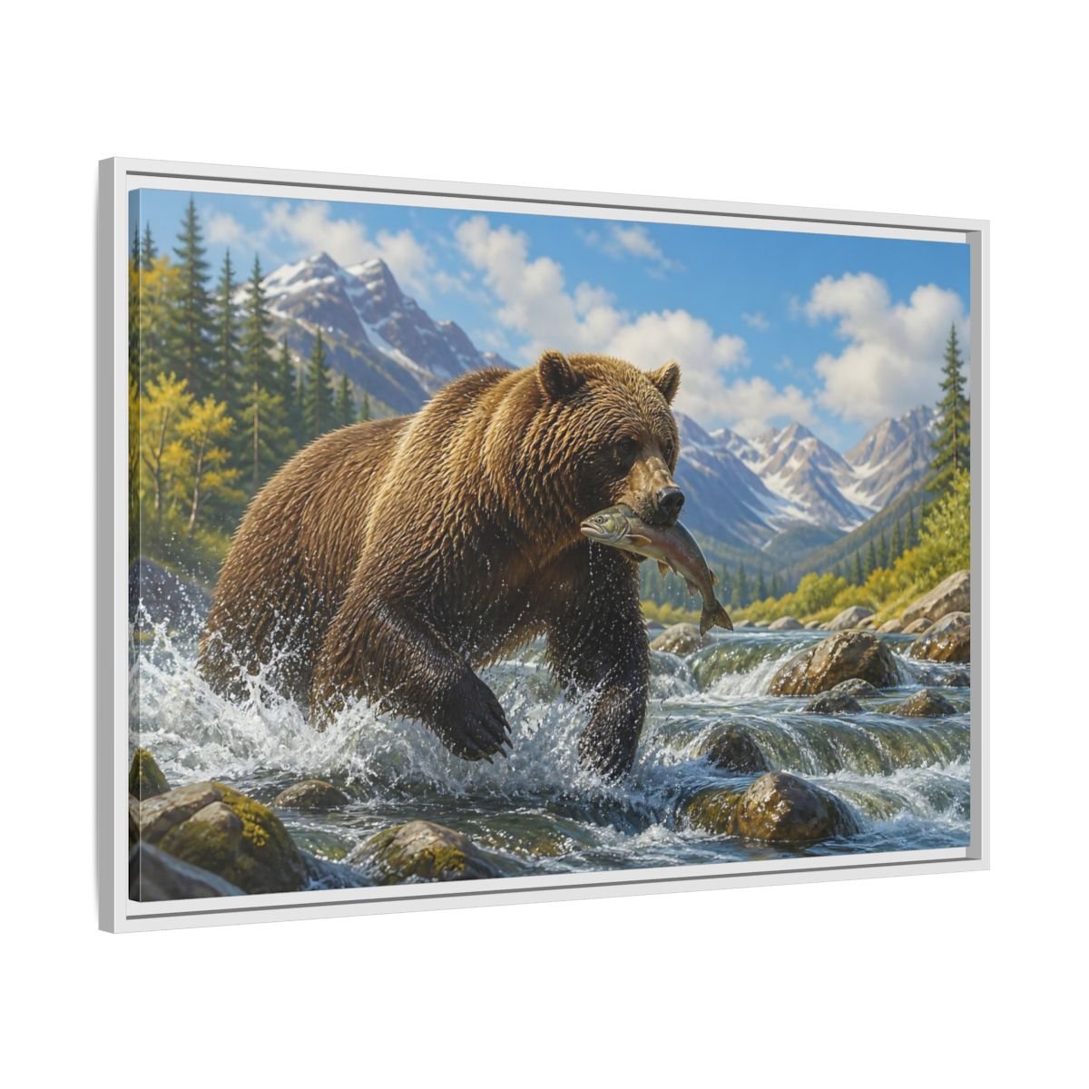 Nature Grizzly Bear Fishing Framed Canvas Print – Realistic Decor for Living Room, Above Console Table - YesArtYes