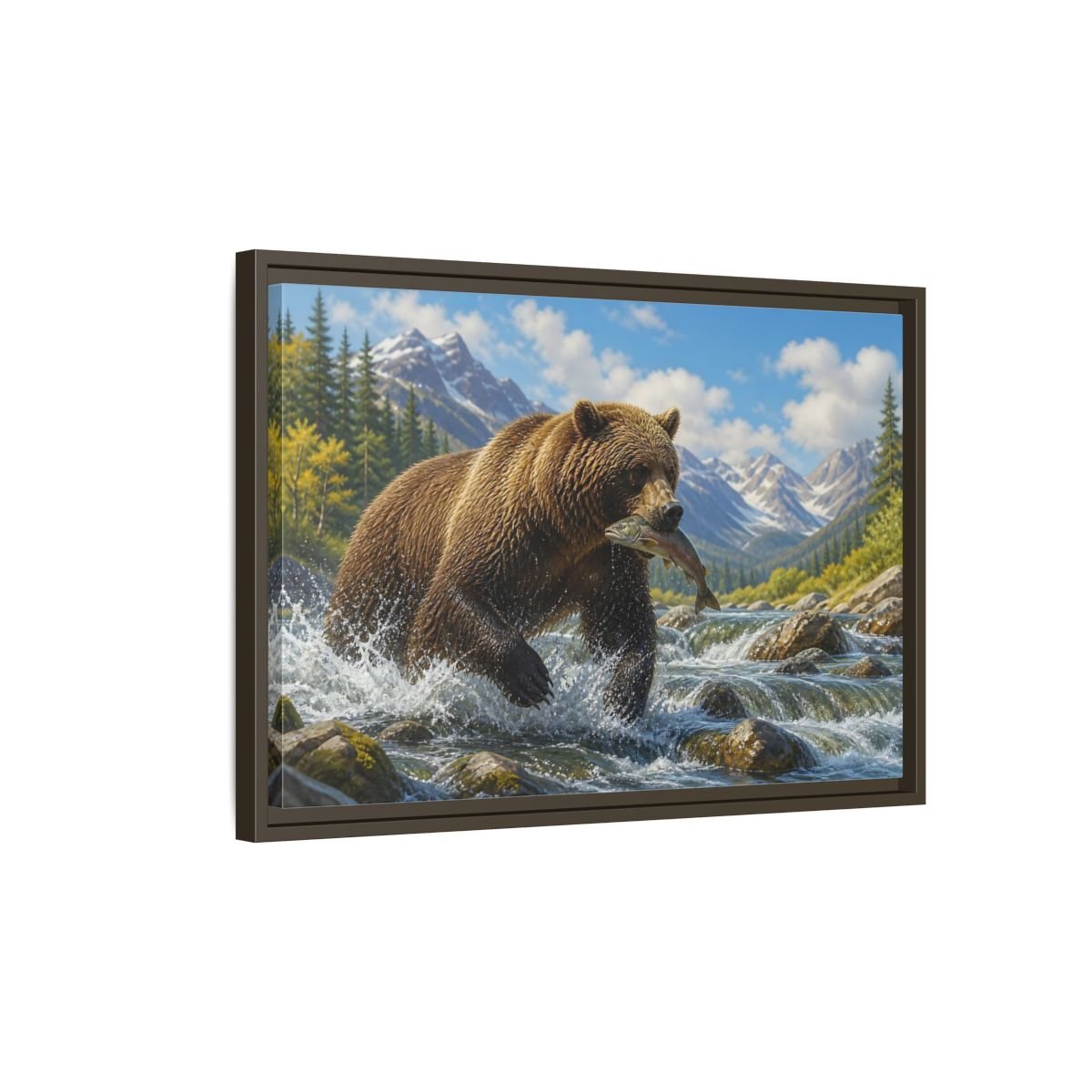 Nature Grizzly Bear Fishing Framed Canvas Print – Realistic Decor for Living Room, Above Console Table - YesArtYes