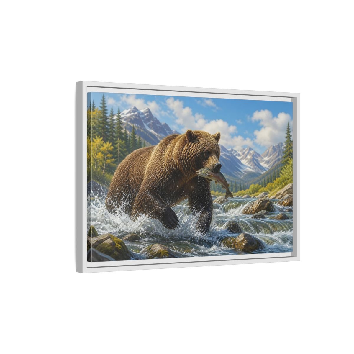 Nature Grizzly Bear Fishing Framed Canvas Print – Realistic Decor for Living Room, Above Console Table - YesArtYes