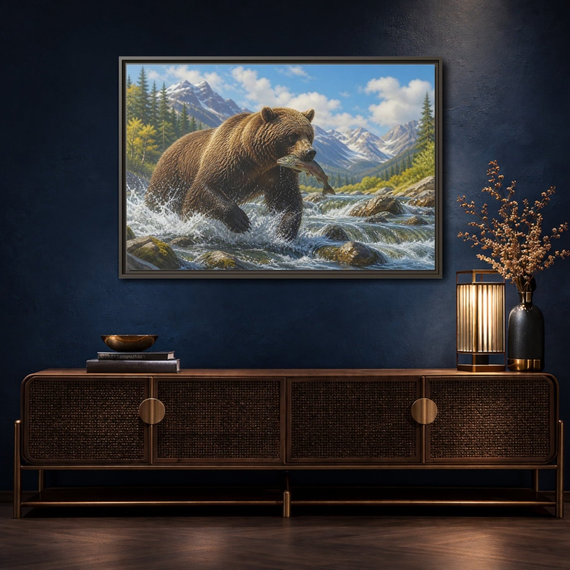 Nature Grizzly Bear Fishing Framed Canvas Print – Realistic Decor for Living Room, Above Console Table - YesArtYes