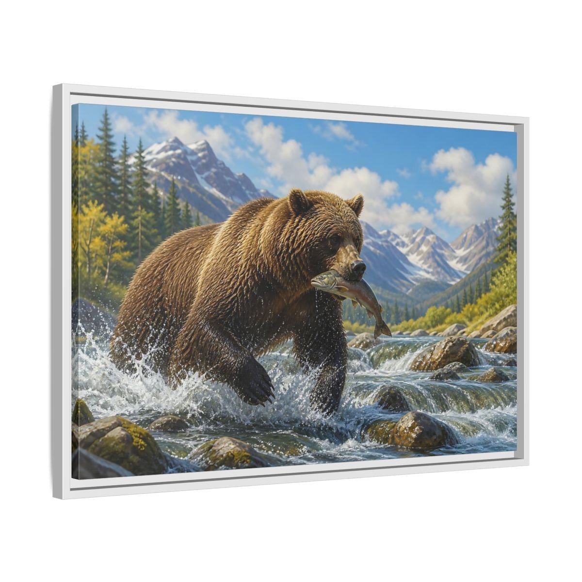 Nature Grizzly Bear Fishing Framed Canvas Print – Realistic Decor for Living Room, Above Console Table - YesArtYes