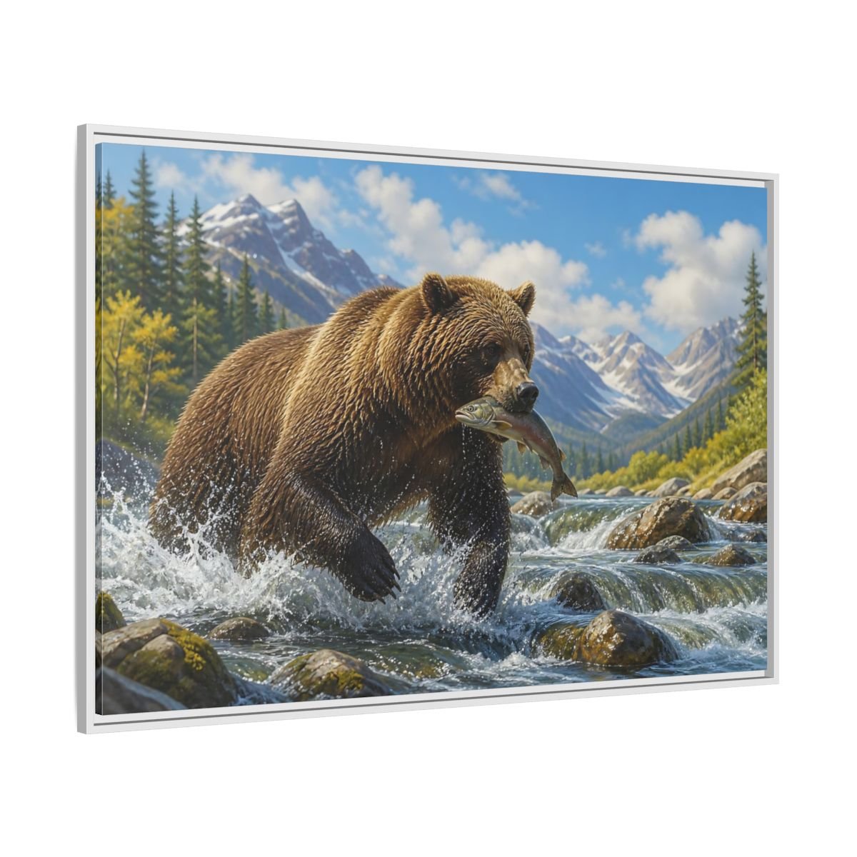 Nature Grizzly Bear Fishing Framed Canvas Print – Realistic Decor for Living Room, Above Console Table - YesArtYes