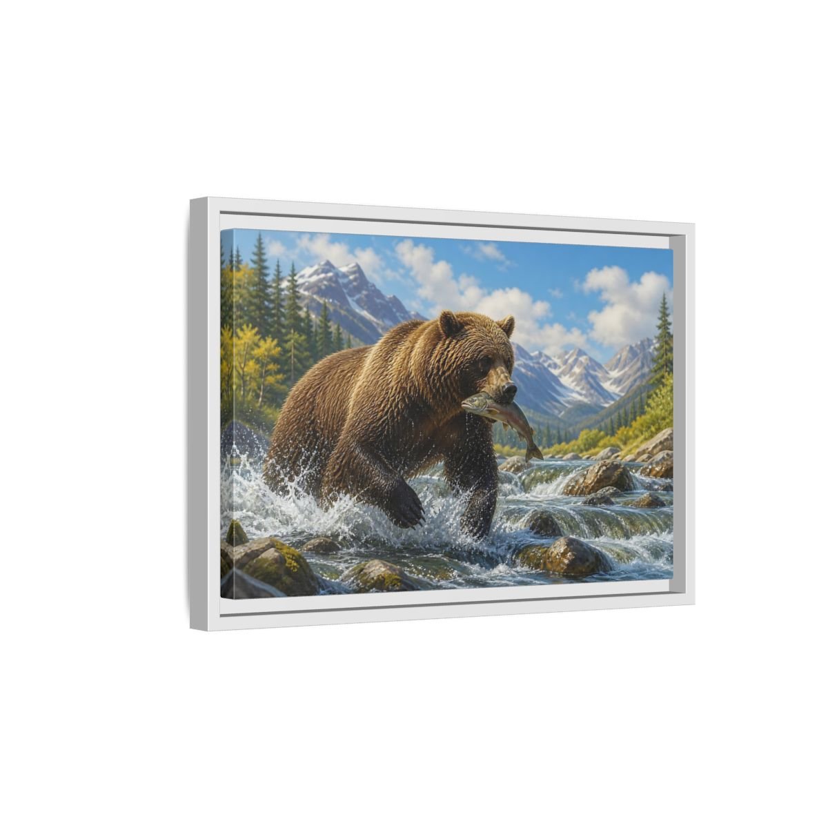Nature Grizzly Bear Fishing Framed Canvas Print – Realistic Decor for Living Room, Above Console Table - YesArtYes