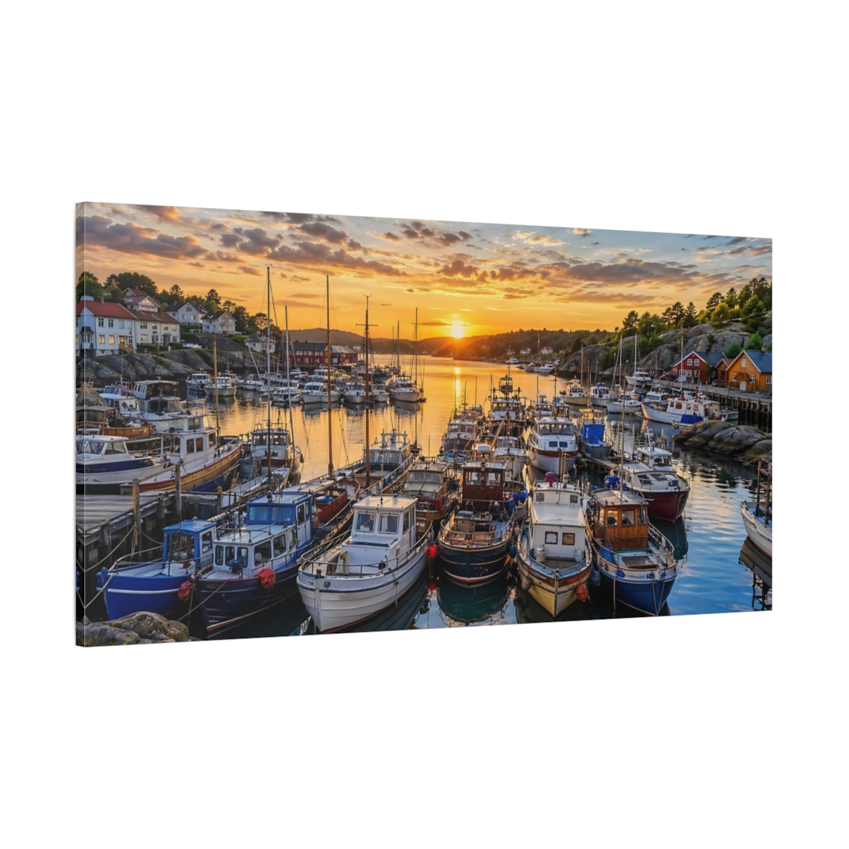 Side Mockup 2. Nature Harbor Boats Golden Harbor shown as stretched canvas wall art