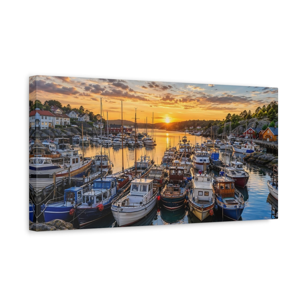 Side Mockup 3. Nature Harbor Boats Golden Harbor shown as stretched canvas wall art