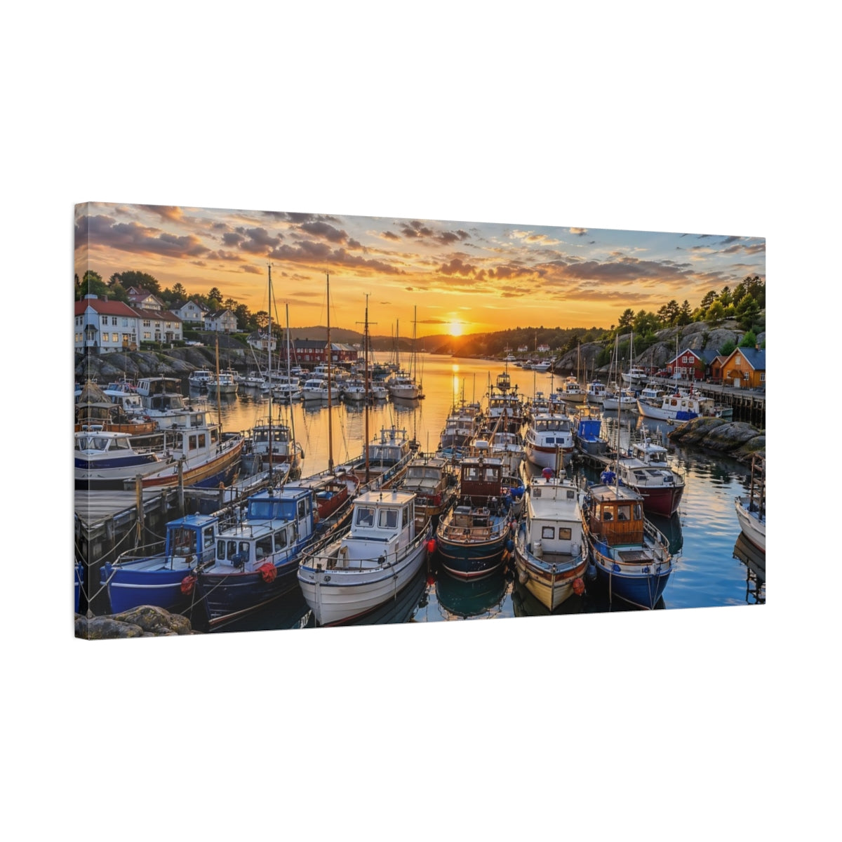 Side Mockup 1. Nature Harbor Boats Golden Harbor shown as stretched canvas wall art