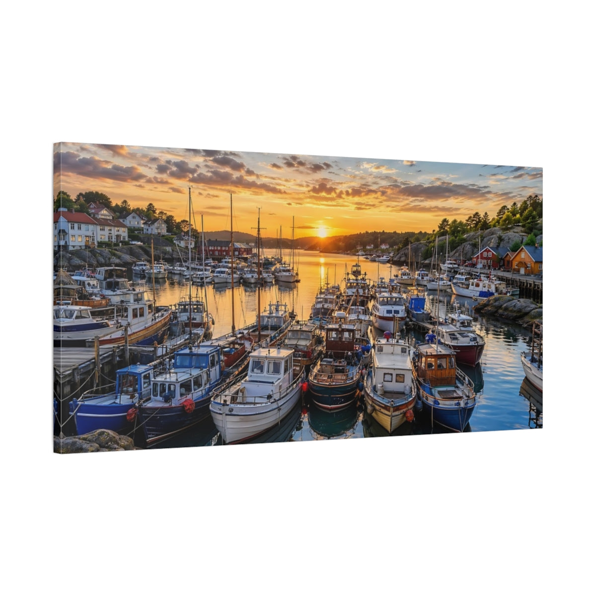 Main Mockup. Nature Harbor Boats Golden Harbor shown as stretched canvas wall art