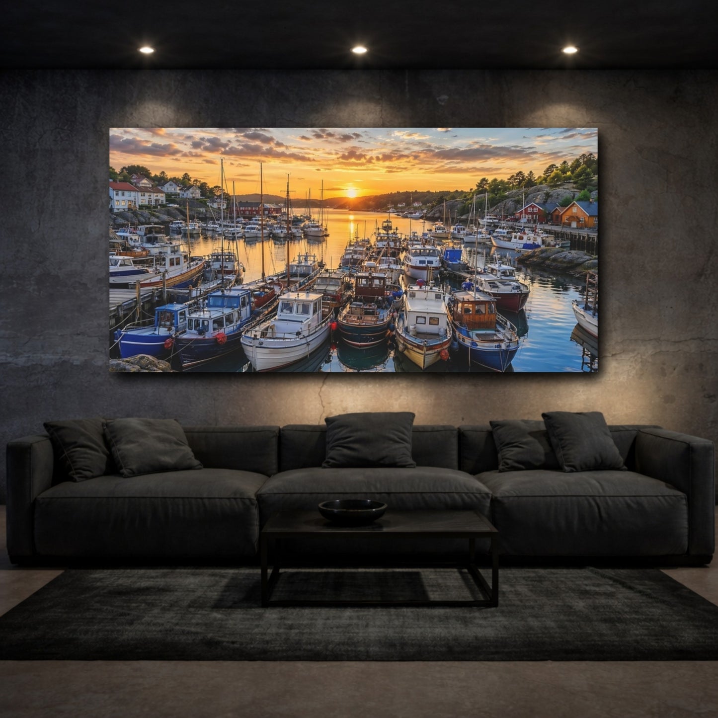 Mockup 2. Nature Harbor Boats Golden Harbor shown as stretched canvas wall art