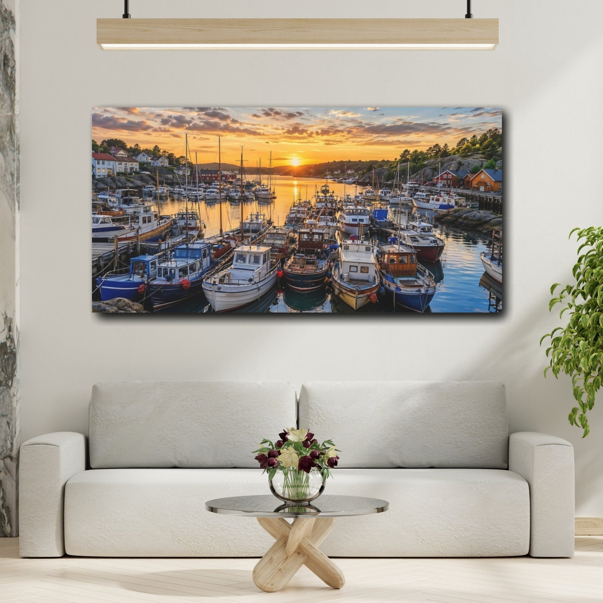 Mockup 3. Nature Harbor Boats Golden Harbor shown as stretched canvas wall art