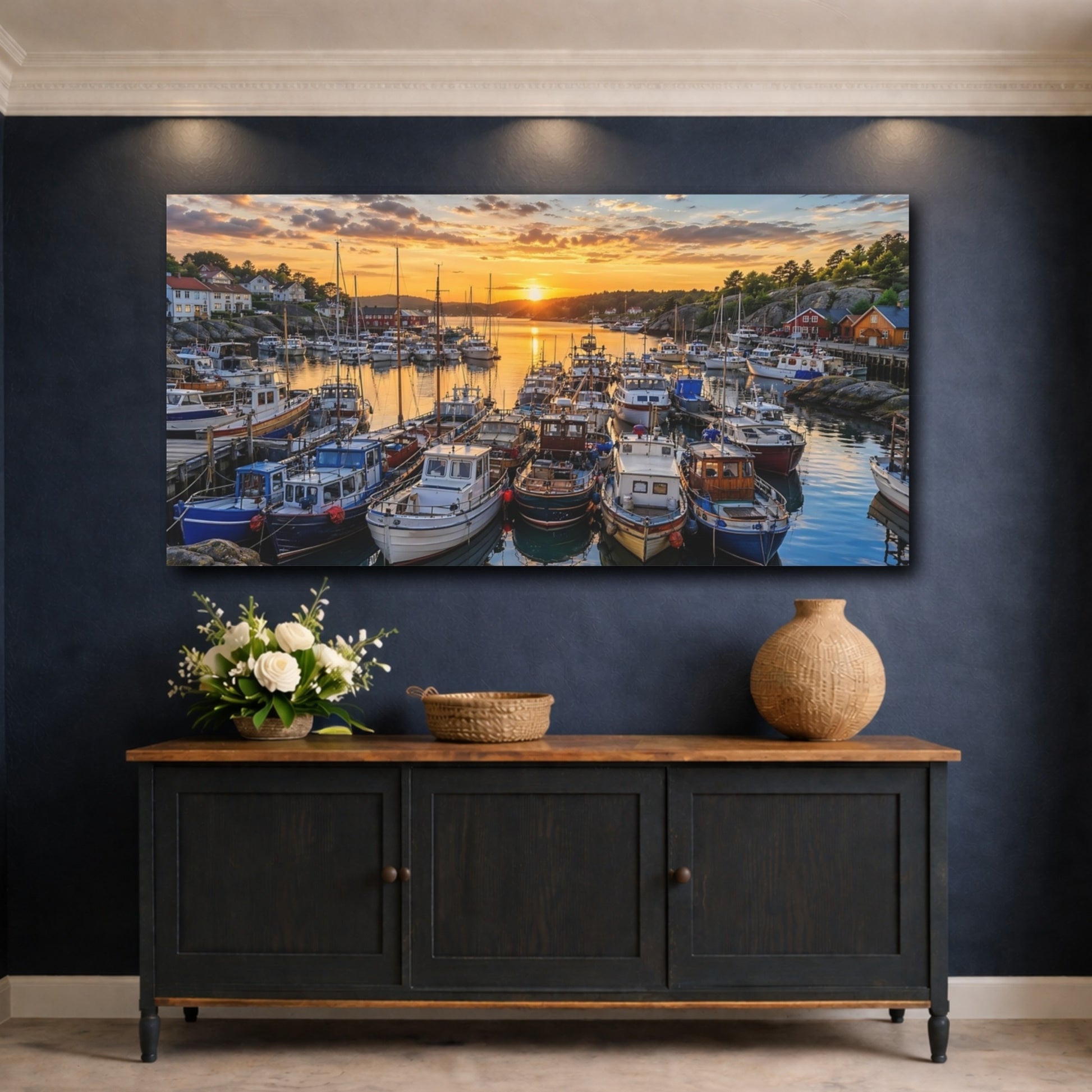 Mockup 4. Nature Harbor Boats Golden Harbor shown as stretched canvas wall art