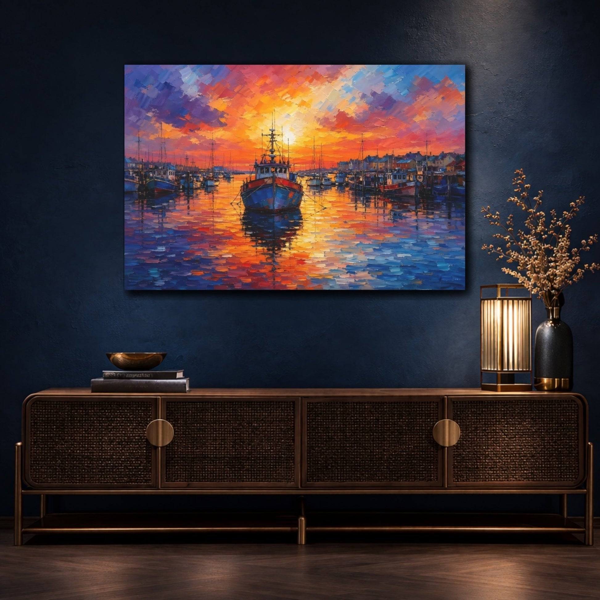 Nature Harbor Boats Vibrant Sunset Canvas Print – Living Room, Above Console Table - YesArtYes