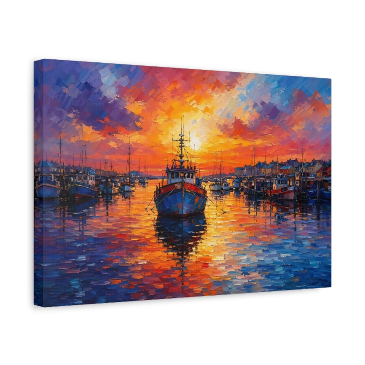Nature Harbor Boats Vibrant Sunset Canvas Print – Living Room, Above Console Table - YesArtYes