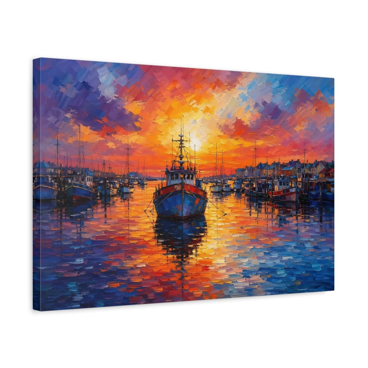 Nature Harbor Boats Vibrant Sunset Canvas Print – Living Room, Above Console Table - YesArtYes