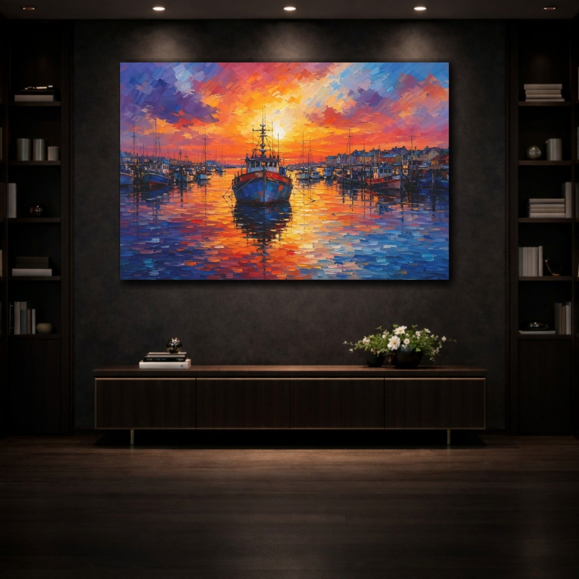Nature Harbor Boats Vibrant Sunset Canvas Print – Living Room, Above Console Table - YesArtYes