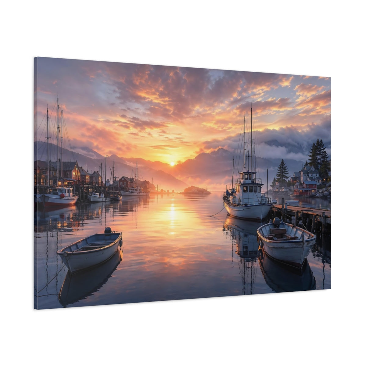 Side Mockup 1. Nature Harbor Sunset Orange Sunset Harbor shown as stretched canvas wall art