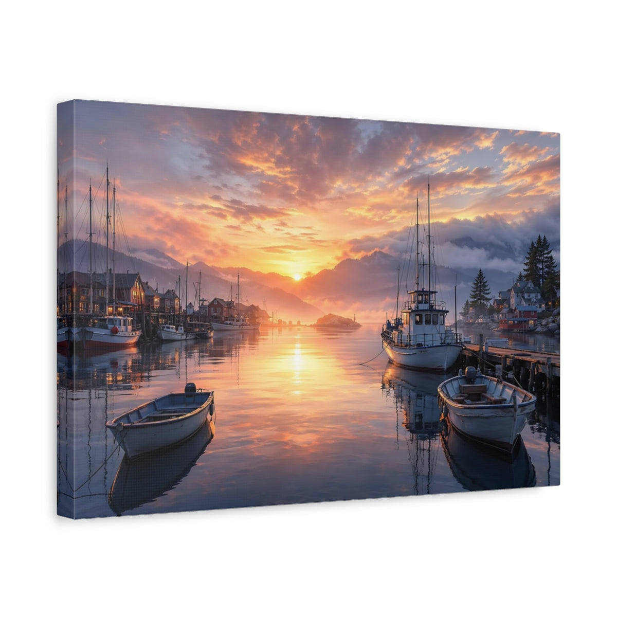 Side Mockup 4. Nature Harbor Sunset Orange Sunset Harbor shown as stretched canvas wall art