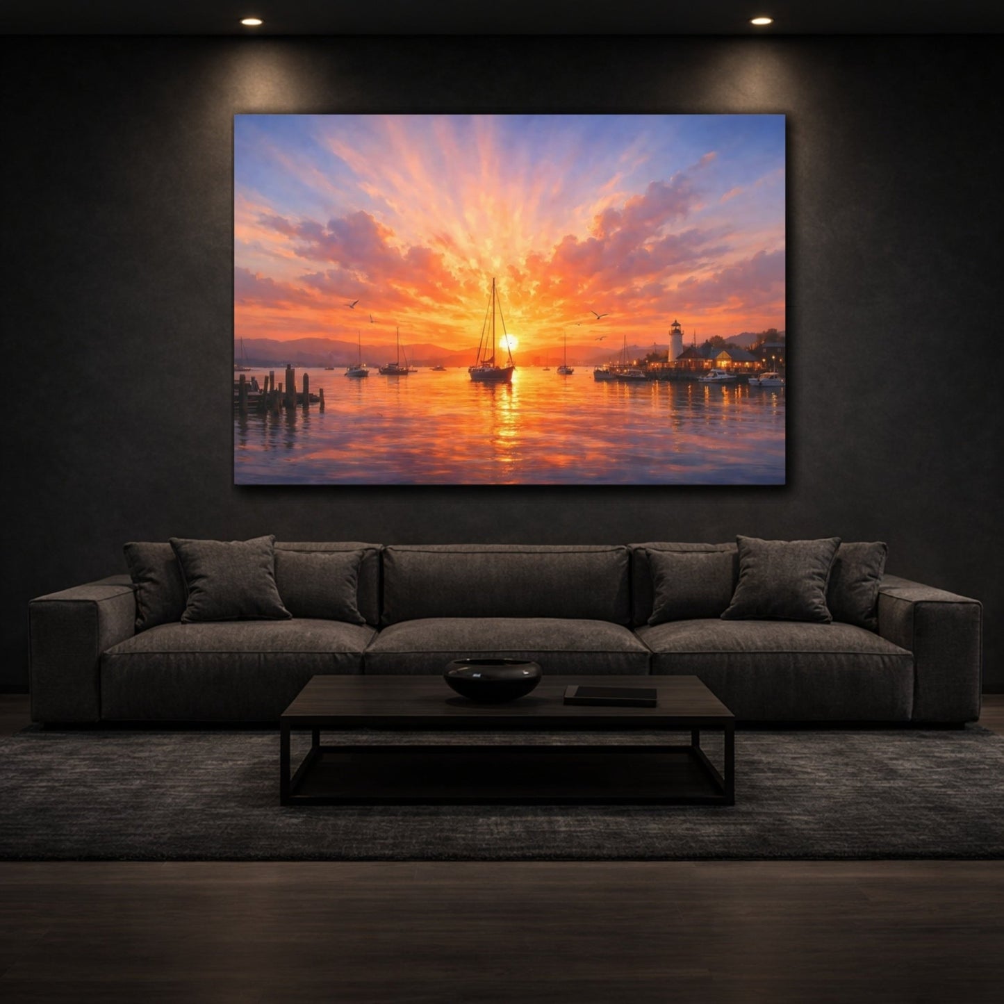 Nature Harbor Sunset Orange Seascape - Canvas Wall Art Print - YesArtYes