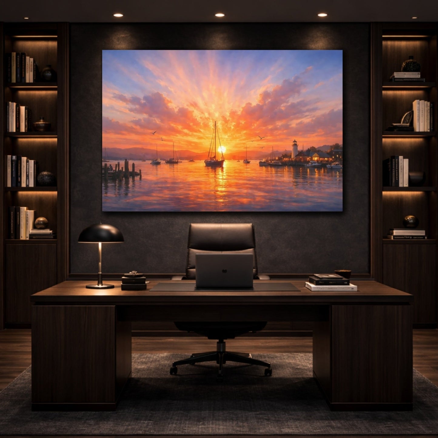 Nature Harbor Sunset Orange Seascape - Canvas Wall Art Print - YesArtYes