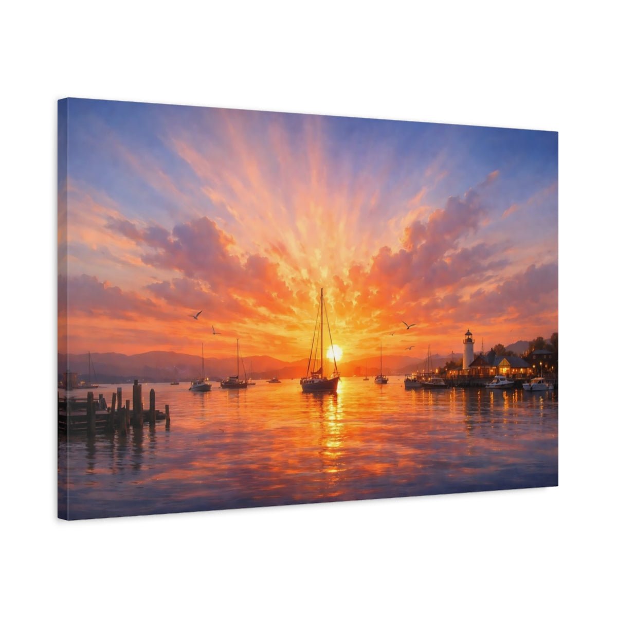 Nature Harbor Sunset Orange Seascape - Canvas Wall Art Print - YesArtYes