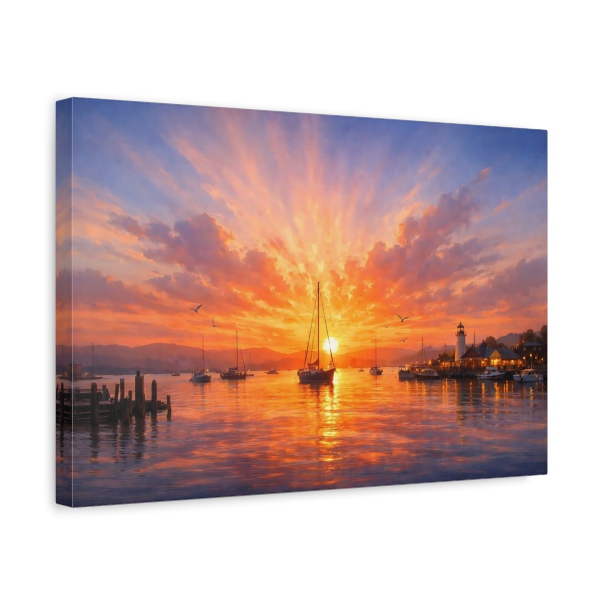Nature Harbor Sunset Orange Seascape - Canvas Wall Art Print - YesArtYes