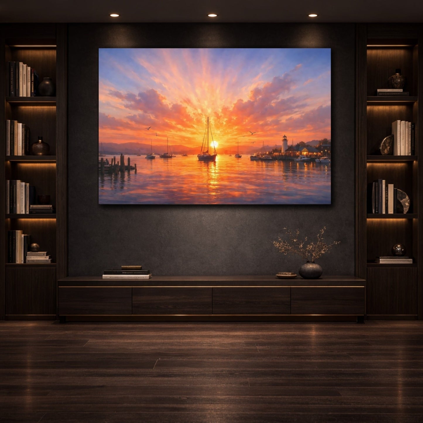 Nature Harbor Sunset Orange Seascape - Canvas Wall Art Print - YesArtYes