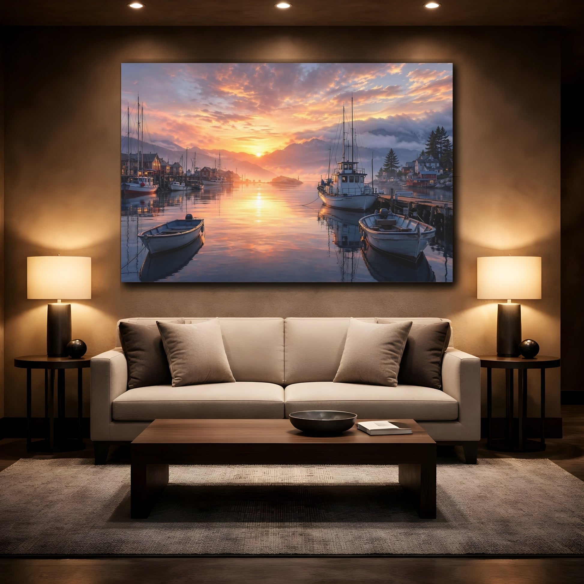 Mockup 2. Nature Harbor Sunset Orange Sunset Harbor shown as stretched canvas wall art