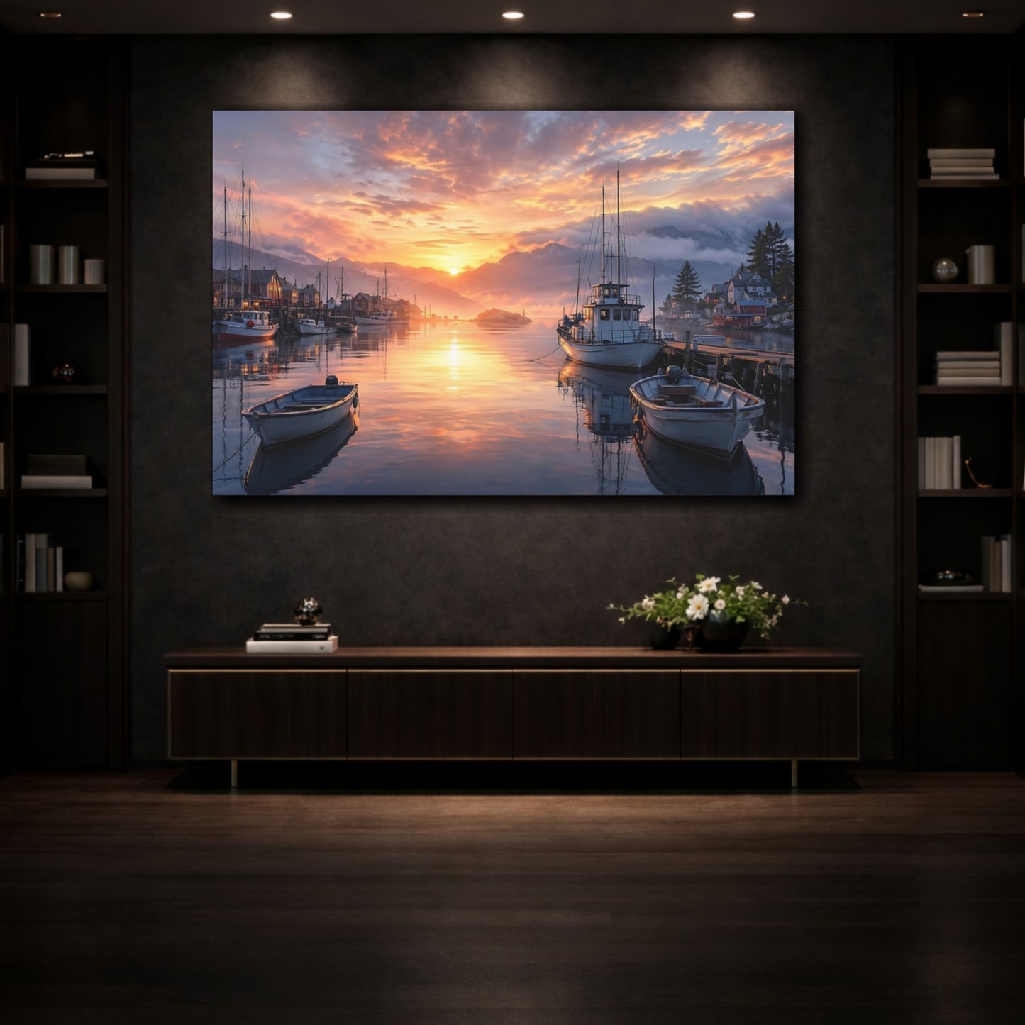 Mockup 3. Nature Harbor Sunset Orange Sunset Harbor shown as stretched canvas wall art