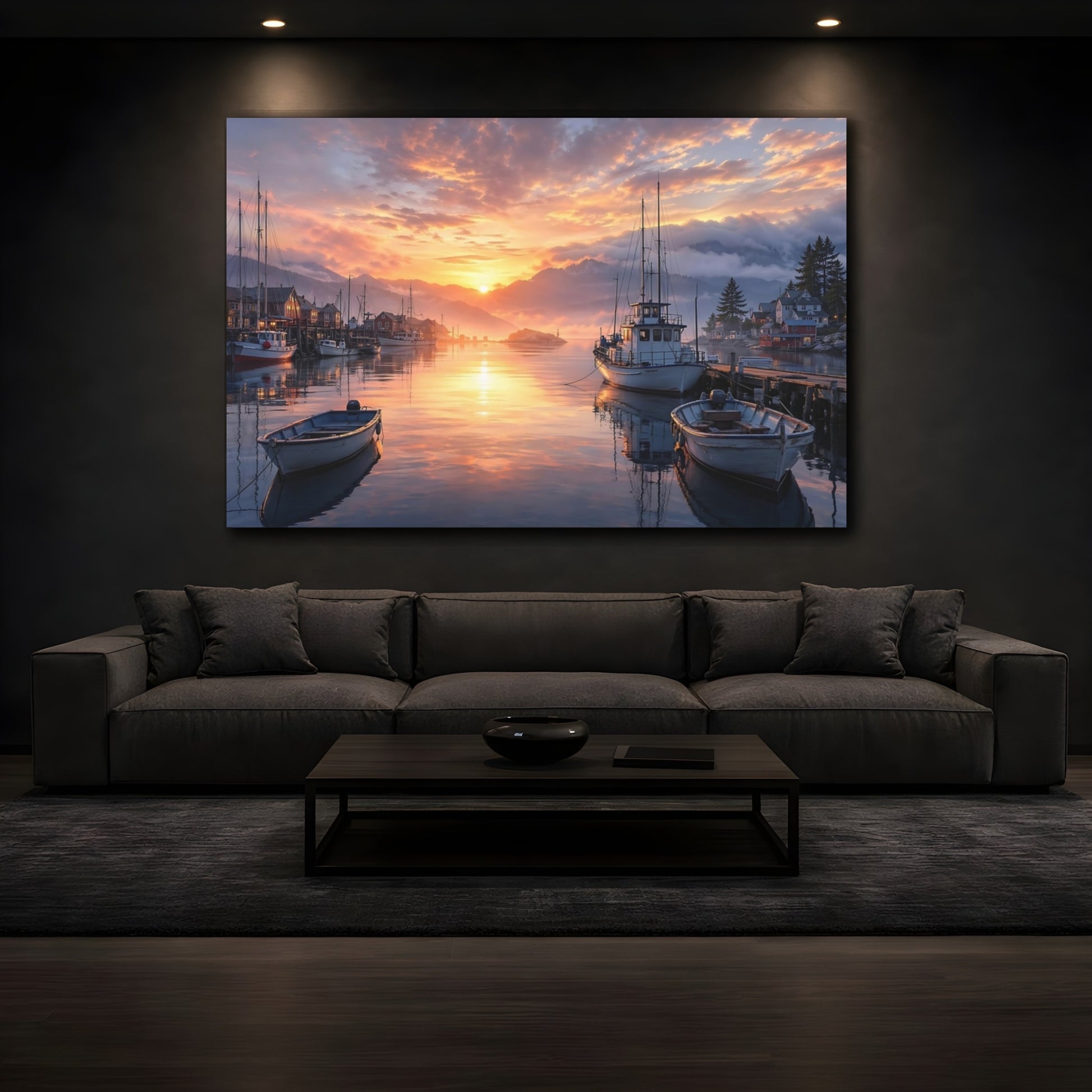 Mockup 4. Nature Harbor Sunset Orange Sunset Harbor shown as stretched canvas wall art