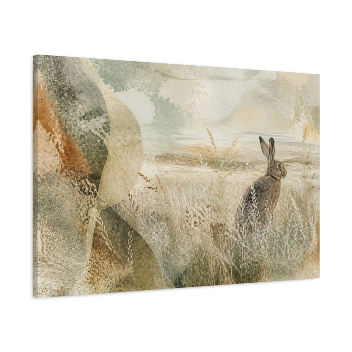 Main Mockup. Nature Hare In Meadow shown as canvas print