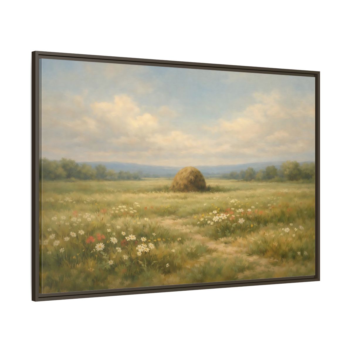 Main Mockup. Nature Haystack Green And Brown Landscape shown as stretched canvas wall art