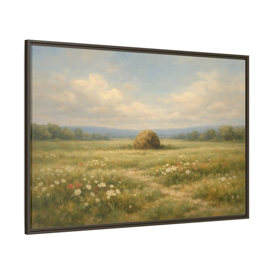 Main Mockup. Nature Haystack Green And Brown Landscape shown as stretched canvas wall art