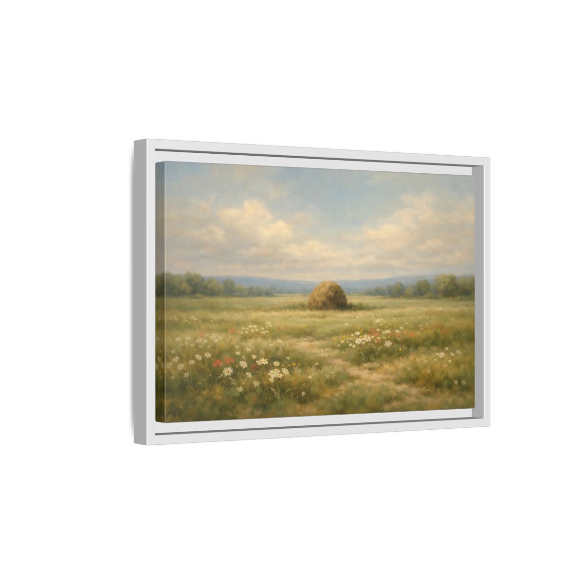 Side Mockup 4. Nature Haystack Green And Brown Landscape shown as stretched canvas wall art