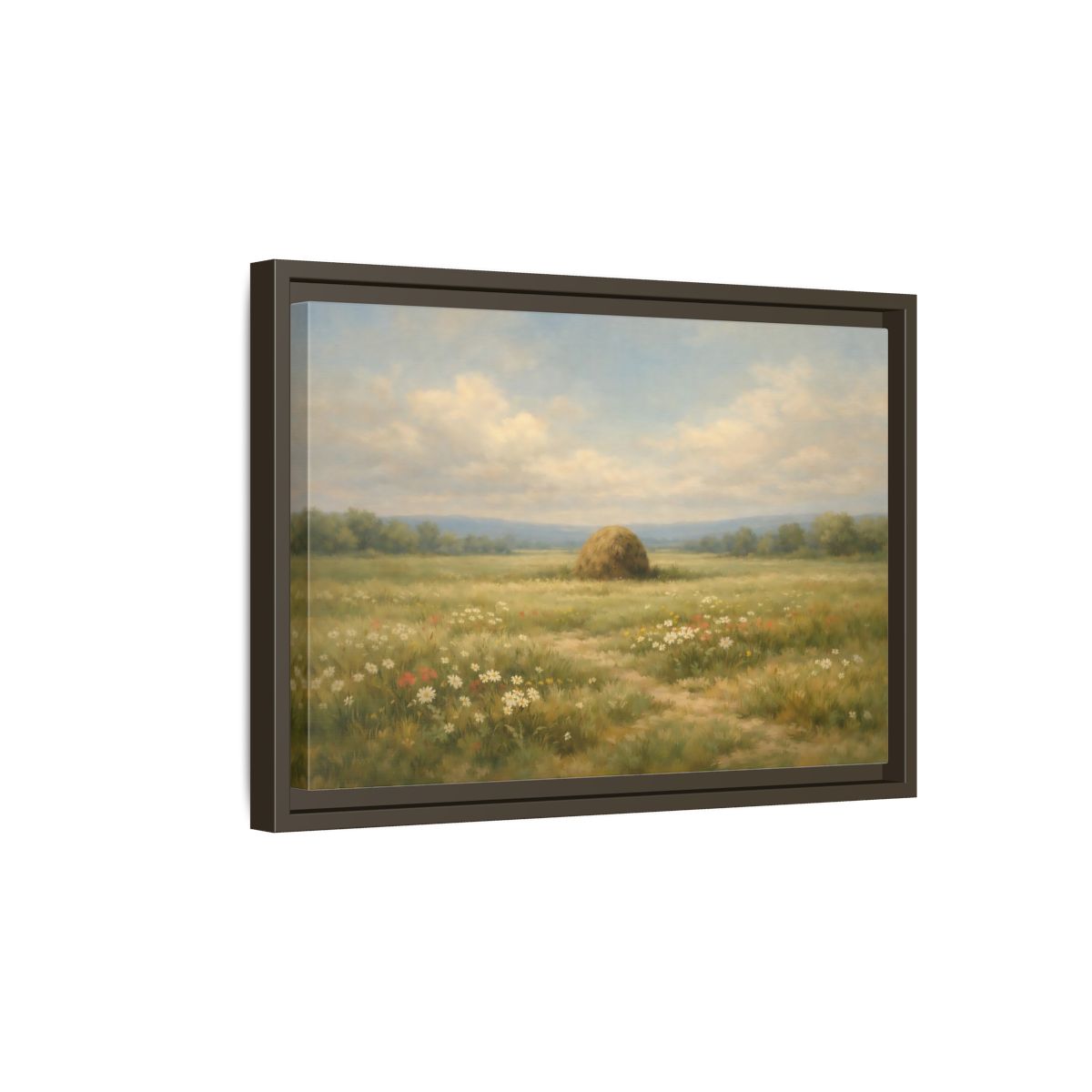 Side Mockup 5. Nature Haystack Green And Brown Landscape shown as stretched canvas wall art