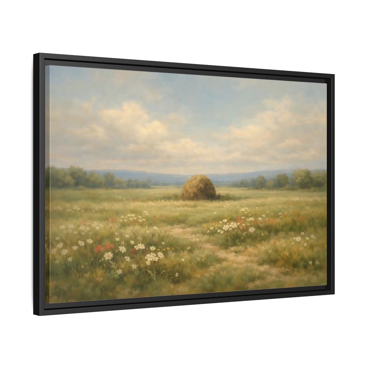 Side Mockup 14. Nature Haystack Green And Brown Landscape shown as stretched canvas wall art