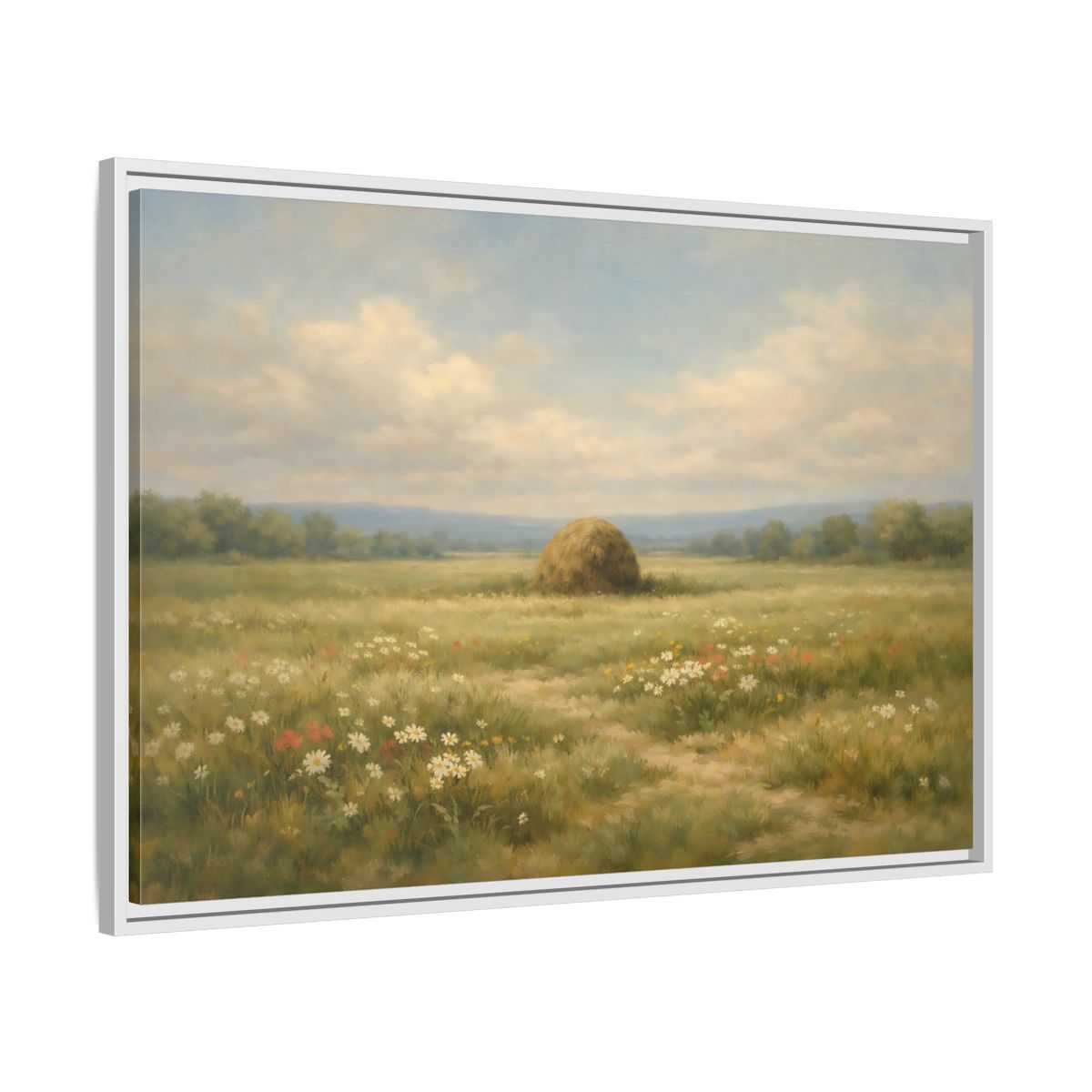 Side Mockup 8. Nature Haystack Green And Brown Landscape shown as stretched canvas wall art