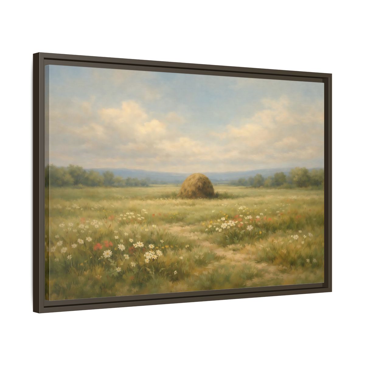 Side Mockup 11. Nature Haystack Green And Brown Landscape shown as stretched canvas wall art