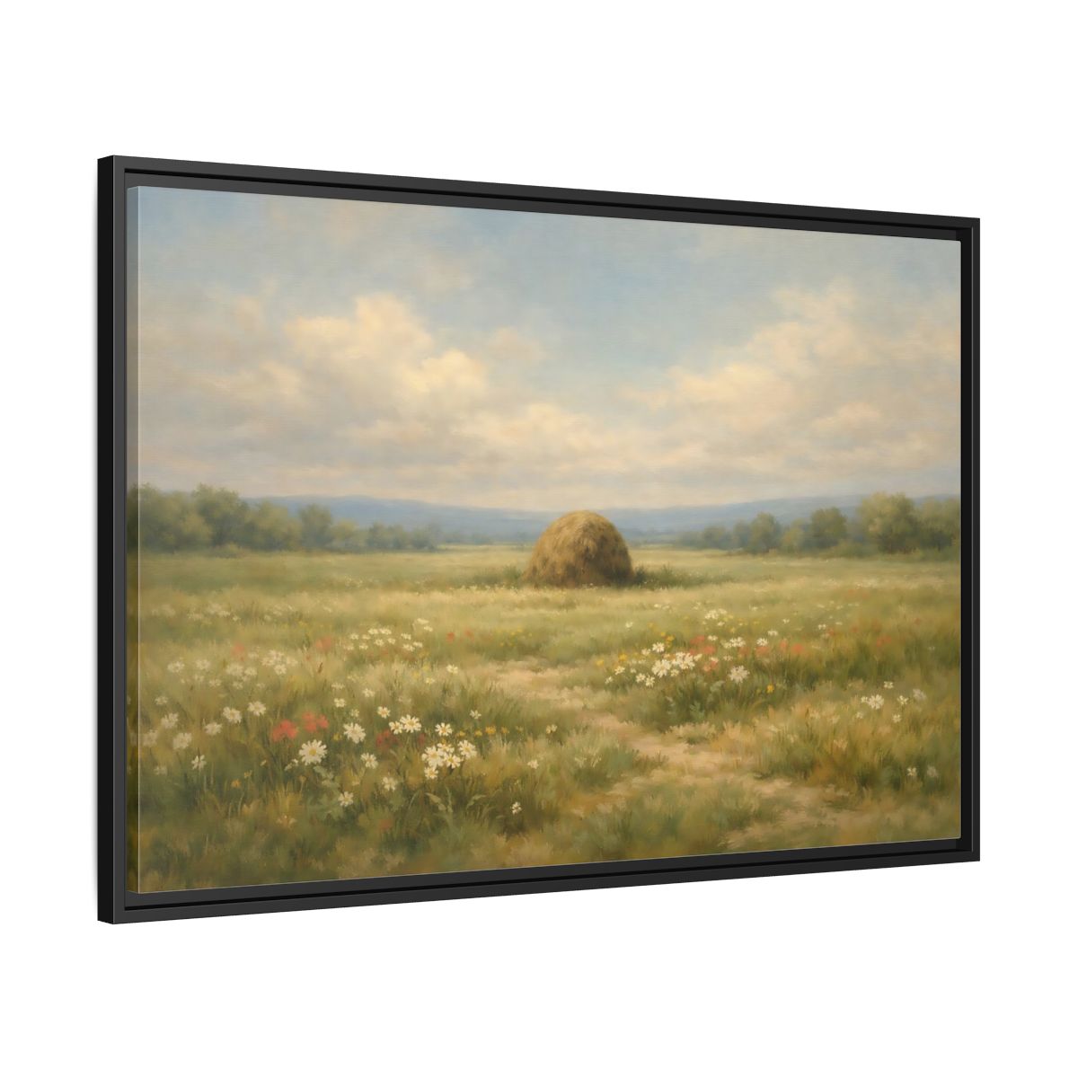 Side Mockup 13. Nature Haystack Green And Brown Landscape shown as stretched canvas wall art
