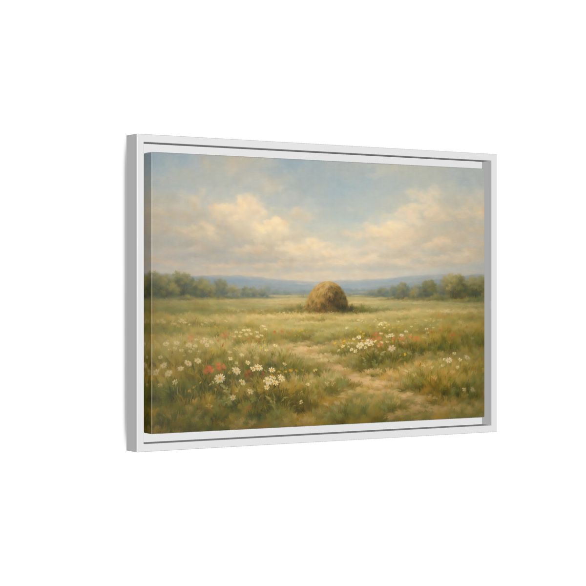 Side Mockup 1. Nature Haystack Green And Brown Landscape shown as stretched canvas wall art