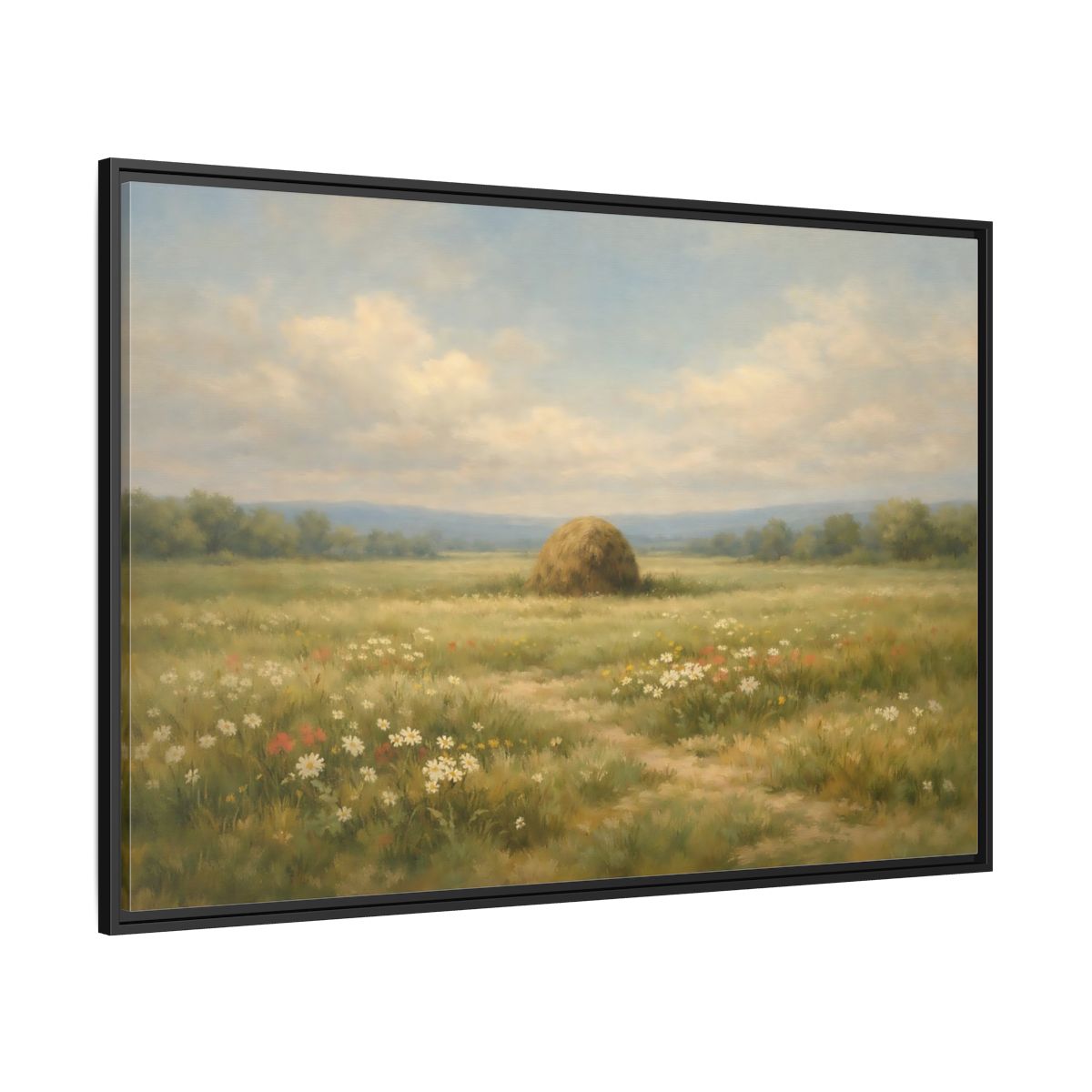 Side Mockup 12. Nature Haystack Green And Brown Landscape shown as stretched canvas wall art